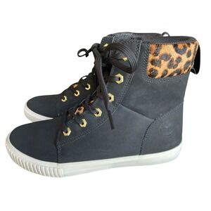 Timberland Skyla Bay 6" Black Leather Calf-Hair Leopard Sneaker Boots, Size 8